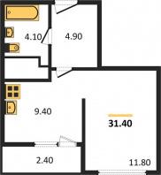1-к квартира, 31.40м2