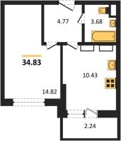 1-к квартира, 34.83м2