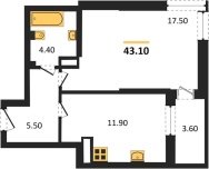 1-к квартира, 43.10м2