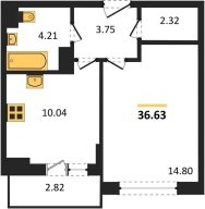 1-к квартира, 36.63м2