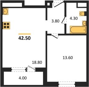 1-к квартира, 42.50м2